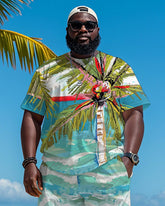 Big & Tall Men's Hawaiian Coconut Flower Graffiti Print Round Neck Short Sleeve T-Shirt Shorts Suit